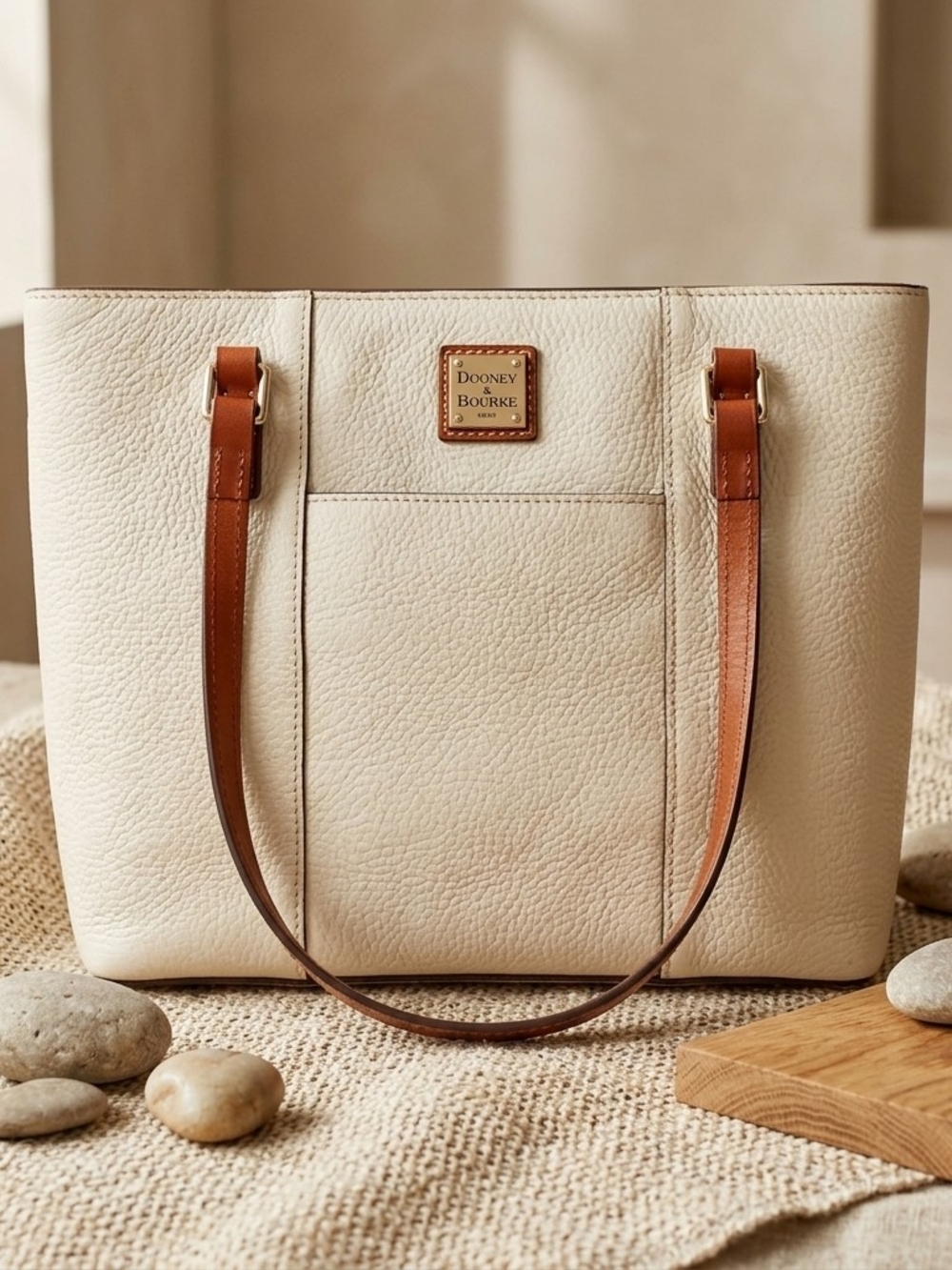 Dooney & Bourke CreamLexington Leather Tote with Brown Straps
